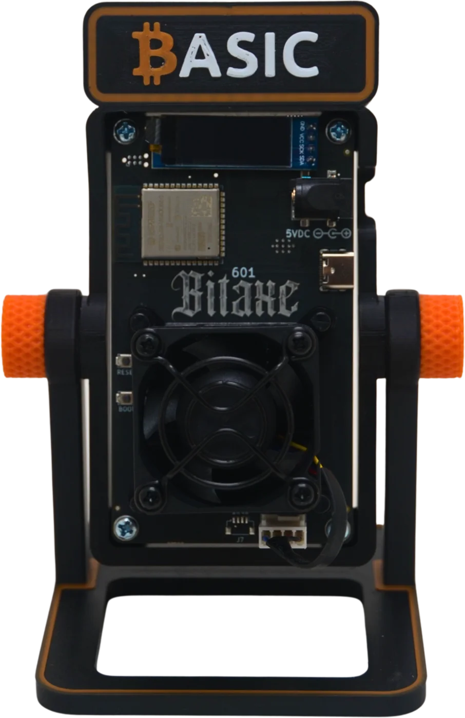 Close-up of the board: ESP32-S3 module, Bitaxe logo and OLED